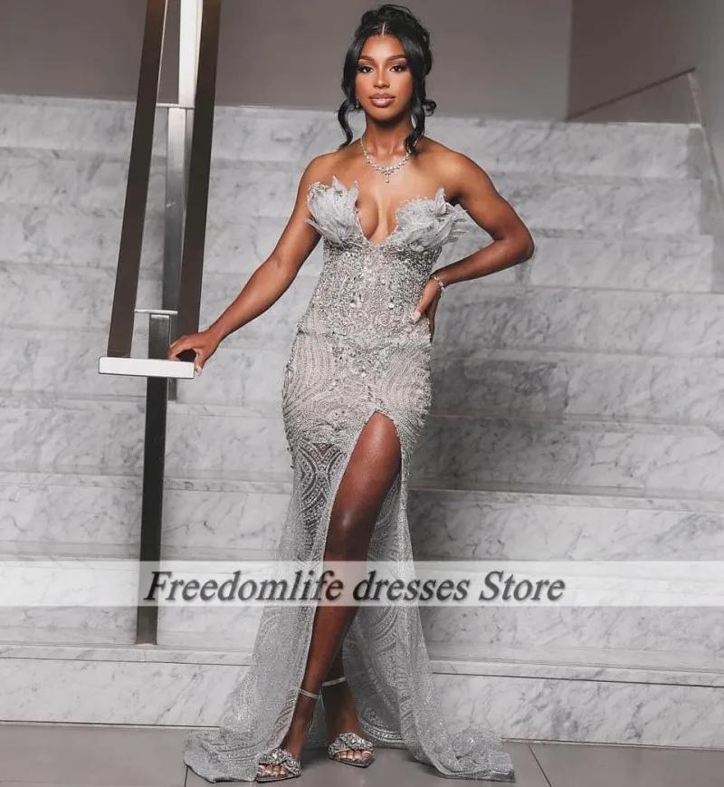 Luxury Mermaid Prom Dresses For Black Girls Luxury Crystal Sequin Mermaid Evening Gowns Rhinestone Split Party Dress